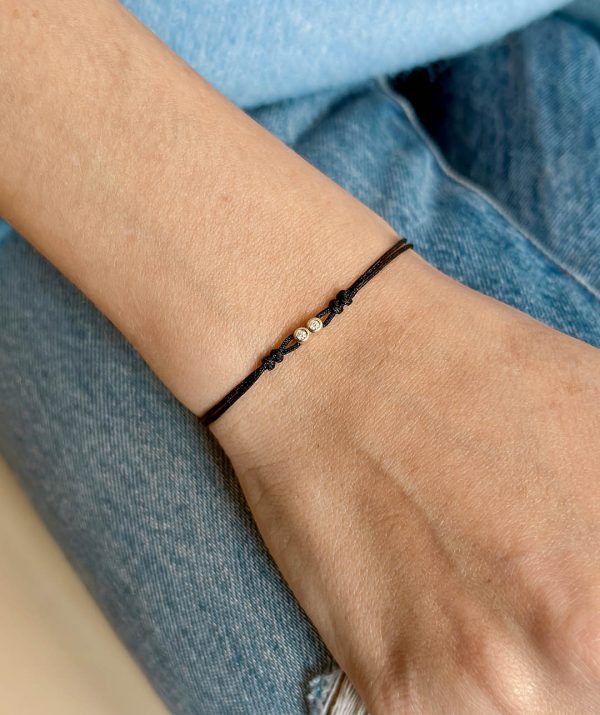 2 diamonds black rope bracelet / 14K Gold