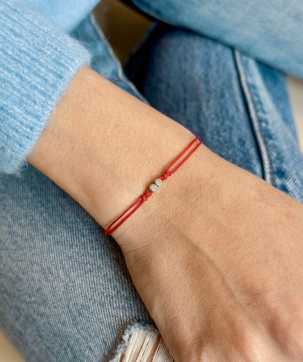 2 diamonds red rope bracelet / 14K Gold