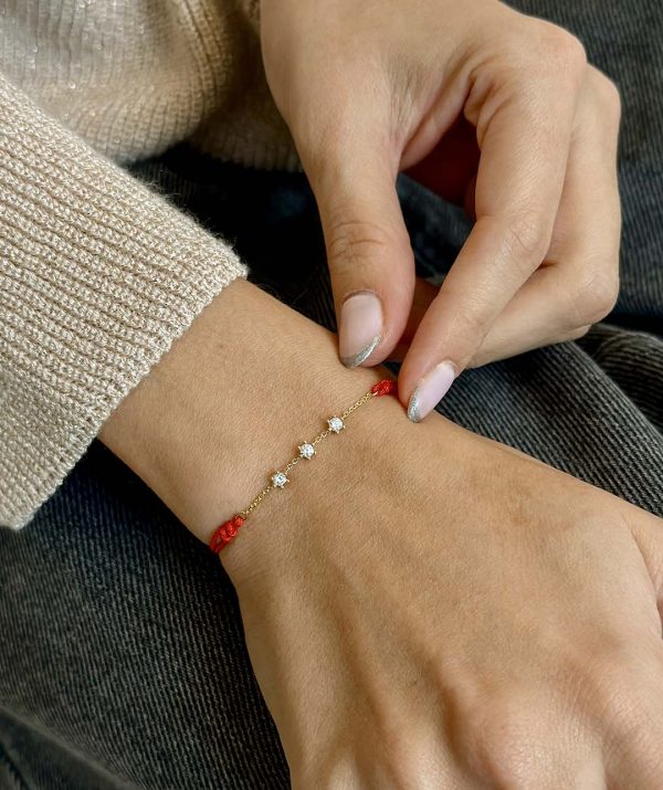 3 diamonds chain red rope bracelet / 14K yellow gold