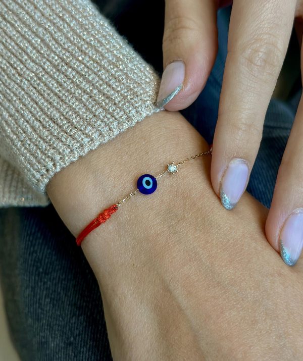 blue eye diamond red rope bracelet / 14K Gold