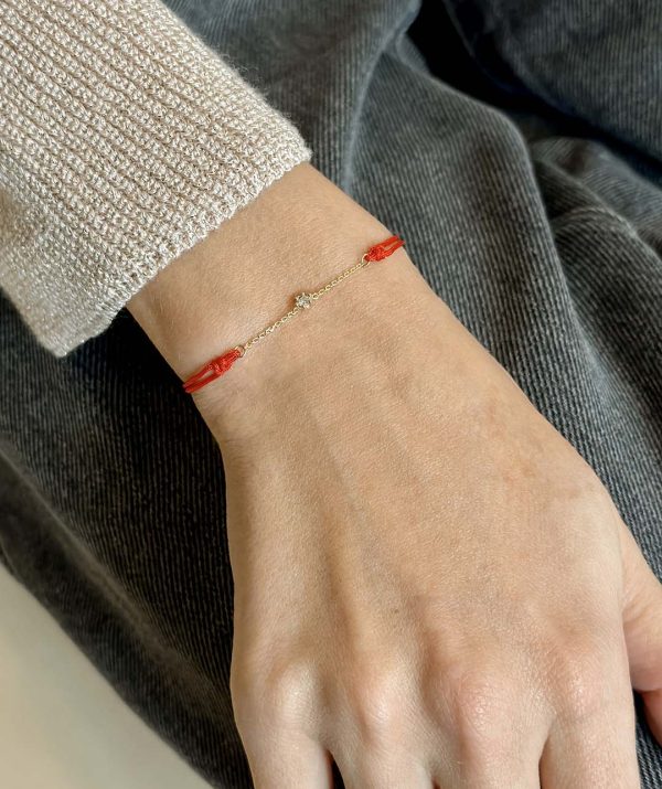 single diamond chain red rope bracelet / 14K yellow gold